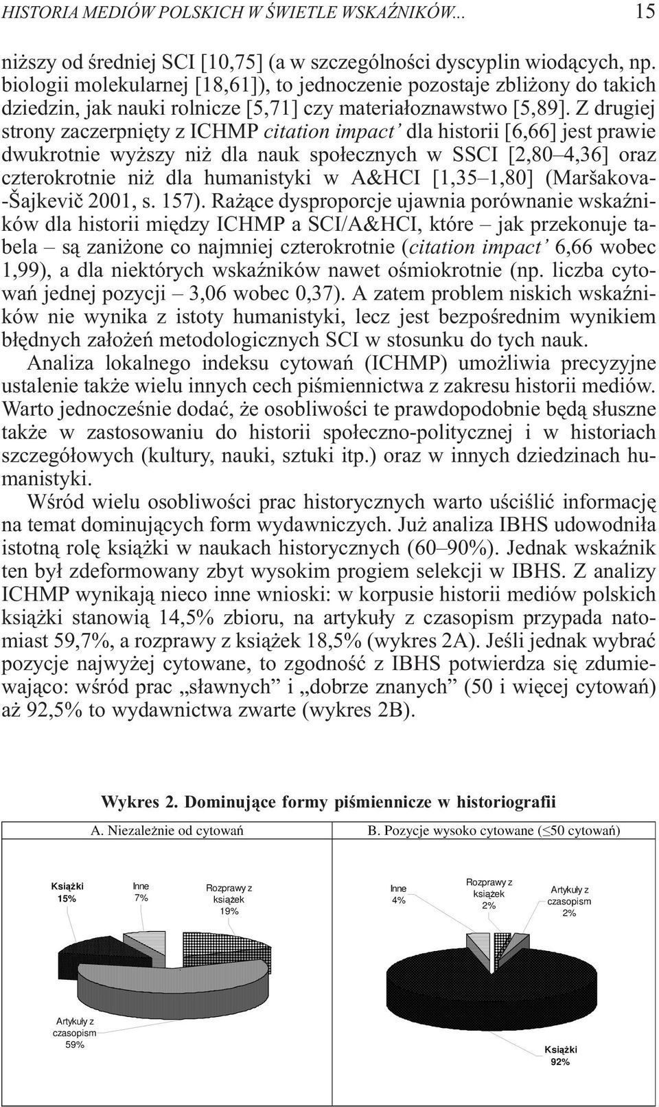 Z drugiej strony zaczerpniêty z ICHMP citation impact dla historii [6,66] jest prawie dwukrotnie wy szy ni dla nauk spo³ecznych w SSCI [2,80 4,36] oraz czterokrotnie ni dla humanistyki w A&HCI [1,35