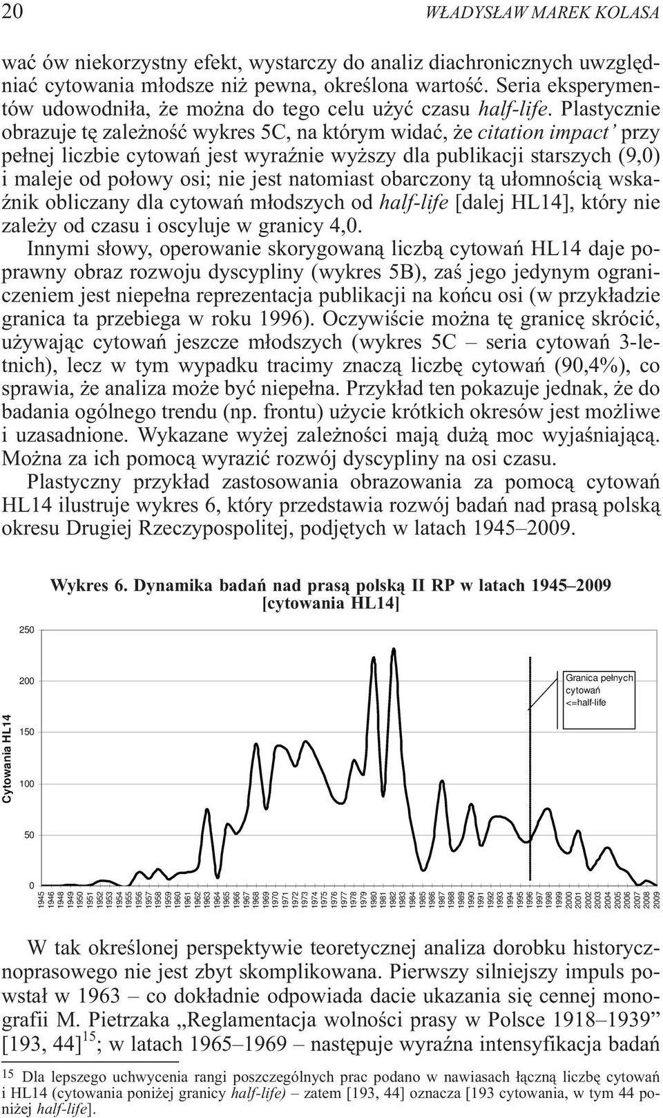 Plastycznie obrazuje tê zale noœæ wykres 5C, na którym widaæ, e citation impact przy pe³nej liczbie cytowañ jest wyraÿnie wy szy dla publikacji starszych (9,0) i maleje od po³owy osi; nie jest