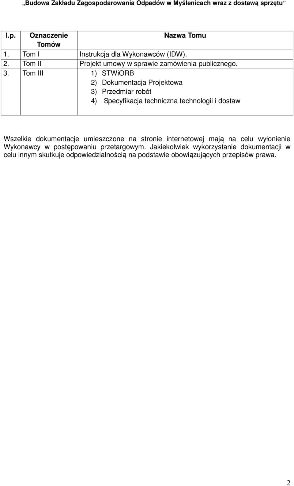 Tom III 1) STWiORB 2) Dokumentacja Projektowa 3) Przedmiar robót 4) Specyfikacja techniczna technologii i dostaw Wszelkie dokumentacje