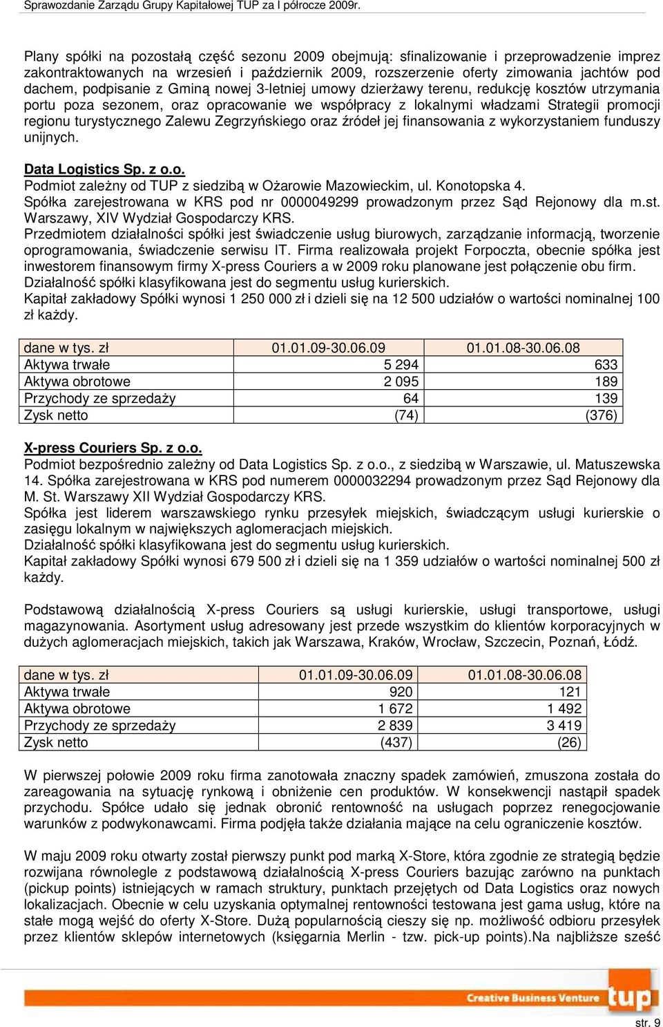 Zalewu Zegrzyńskiego oraz źródeł jej finansowania z wykorzystaniem funduszy unijnych. Data Logistics Podmiot zaleŝny od TUP z siedzibą w OŜarowie Mazowieckim, ul. Konotopska 4.