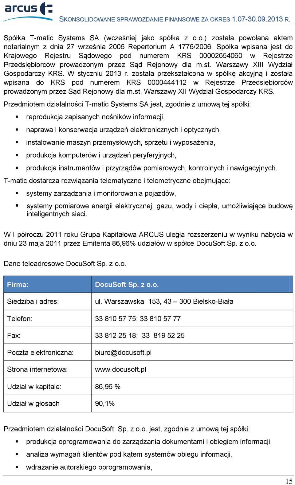 W styczniu 2013 r. została przekształcona w spółkę akcyjną i została wpisana do KRS pod numerem KRS 0000444112 w Rejestrze Przedsiębiorców prowadzonym przez Sąd Rejonowy dla m.st. Warszawy XII Wydział Gospodarczy KRS.