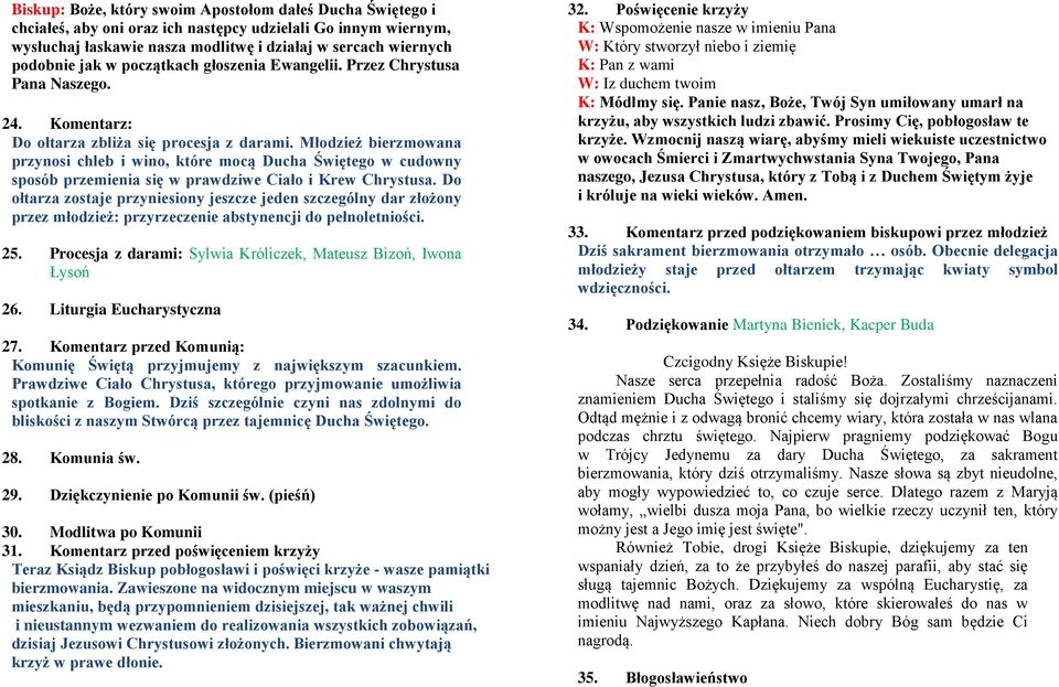Młodzież bierzmowana przynosi chleb i wino, które mocą Ducha Świętego w cudowny sposób przemienia się w prawdziwe Ciało i Krew Chrystusa.