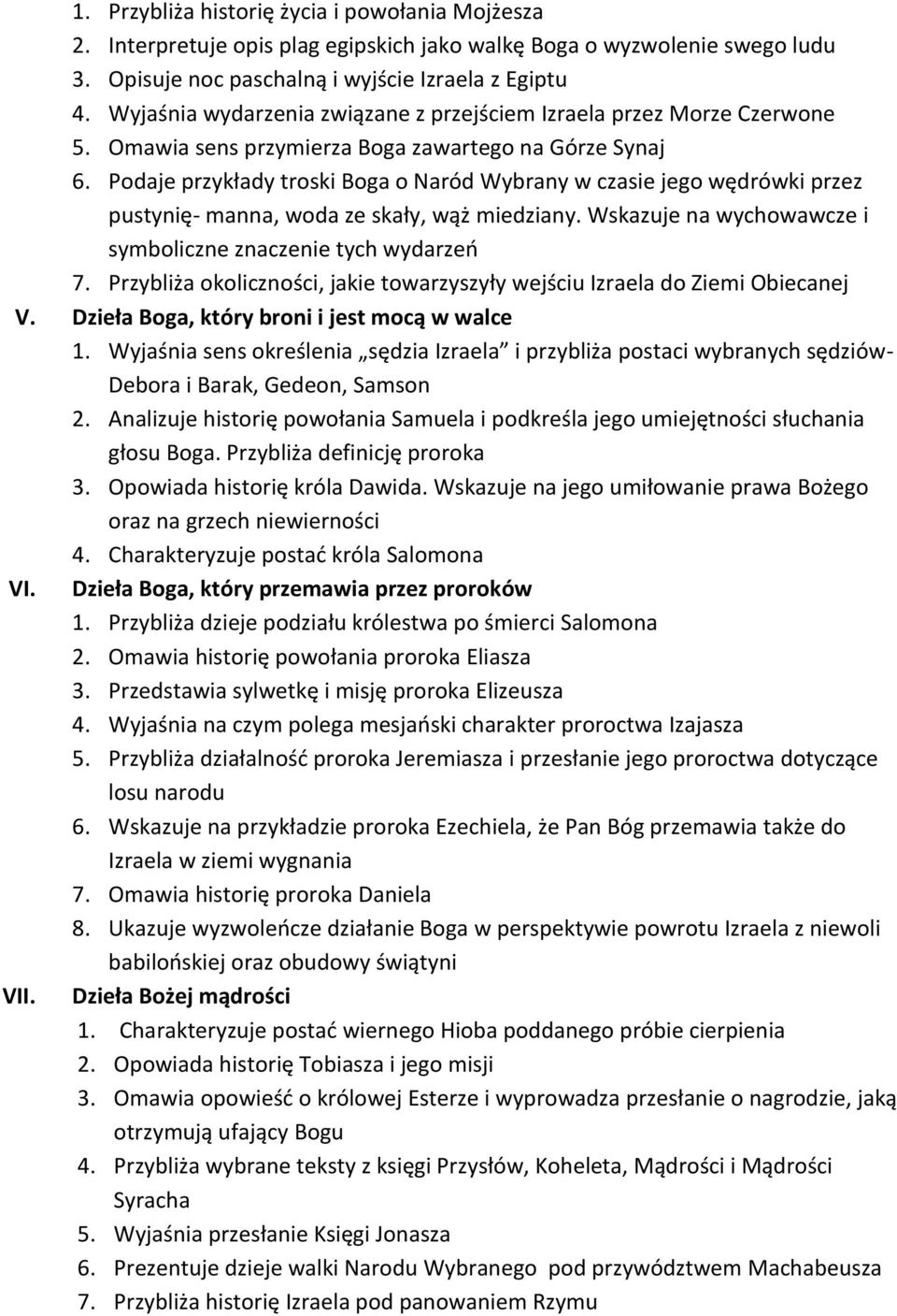 Podaje przykłady troski Boga o Naród Wybrany w czasie jego wędrówki przez pustynię- manna, woda ze skały, wąż miedziany. Wskazuje na wychowawcze i symboliczne znaczenie tych wydarzeń 7.