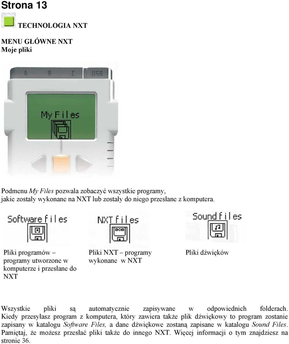 Pliki programów programy utworzone w komputerze i przesłane do NXT Pliki NXT programy wykonane w NXT Pliki dźwięków Wszystkie pliki są automatycznie zapisywane