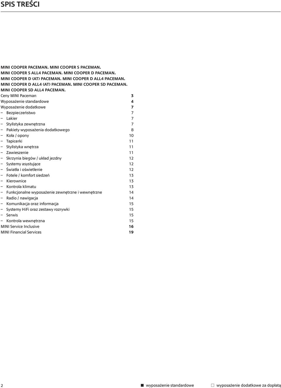 Ceny MINI Paceman 3 Wyposażenie standardowe 4 Wyposażenie dodatkowe 7 Bezpieczeństwo 7 Lakier 7 Stylistyka zewnętrzna 7 Pakiety wyposażenia dodatkowego 8 Koła / opony 10 Tapicerki 11