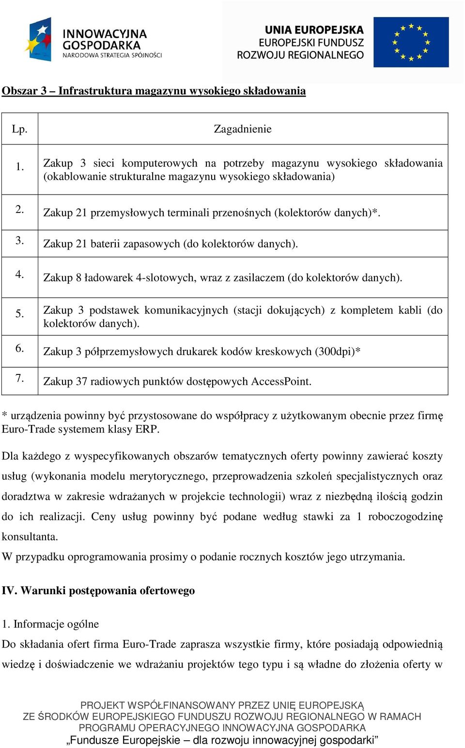 3. Zakup 21 baterii zapasowych (do kolektorów danych). 4. Zakup 8 ładowarek 4-slotowych, wraz z zasilaczem (do kolektorów danych). 5.