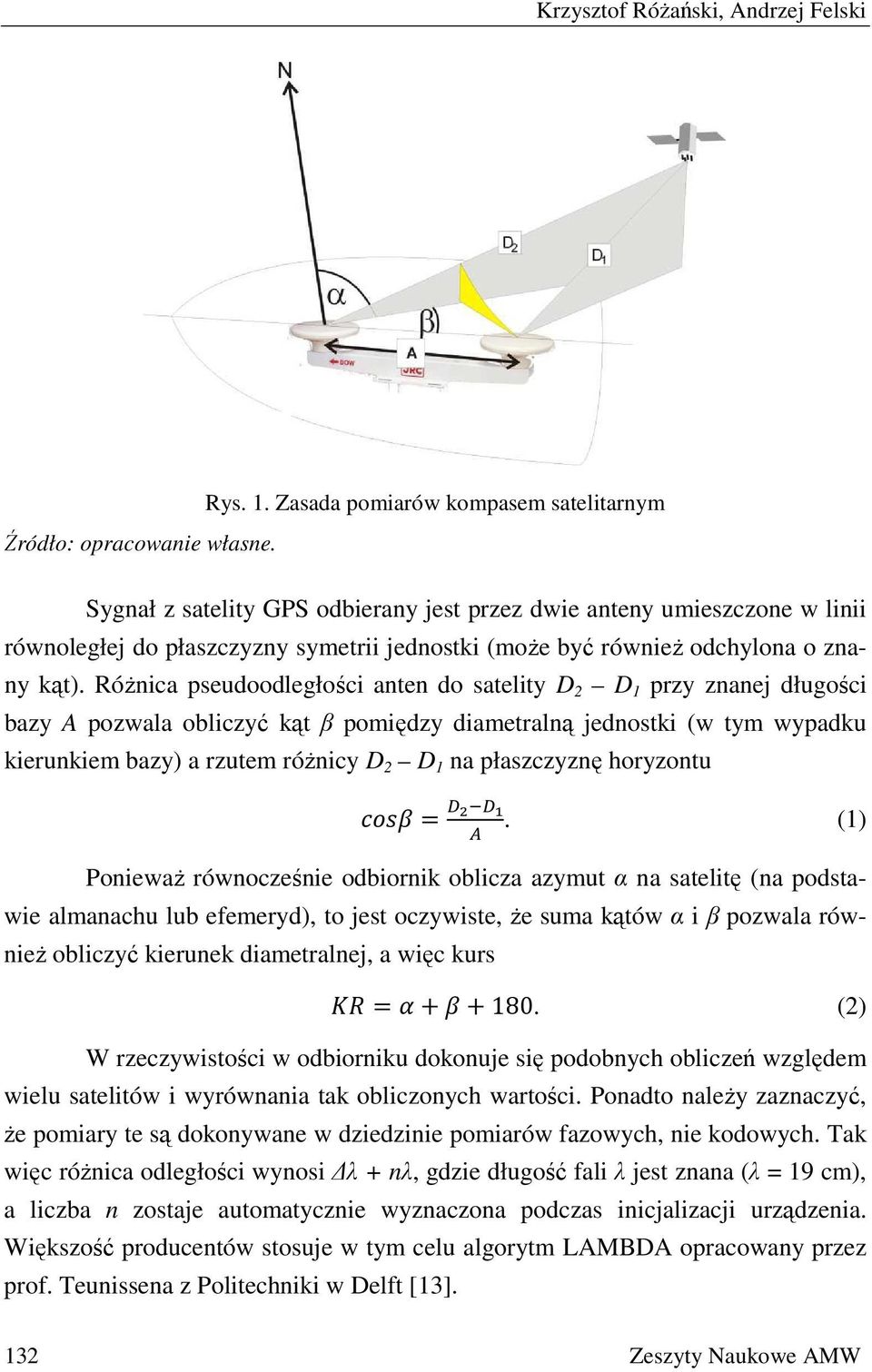 Różnica pseudoodległości anten do satelity D 2 D 1 przy znanej długości bazy A pozwala obliczyć kąt β pomiędzy diametralną jednostki (w tym wypadku kierunkiem bazy) a rzutem różnicy D 2 D 1 na