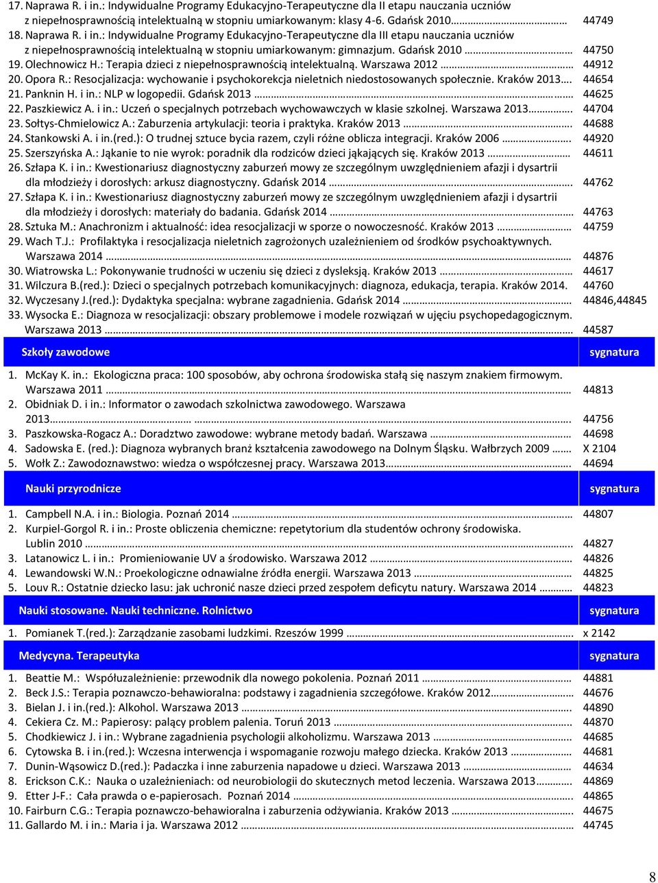 Kraków 2013. 21. Panknin H. i in.: NLP w logopedii. Gdańsk 2013. 22. Paszkiewicz A. i in.: Uczeń o specjalnych potrzebach wychowawczych w klasie szkolnej. Warszawa 2013. 23. Sołtys-Chmielowicz A.