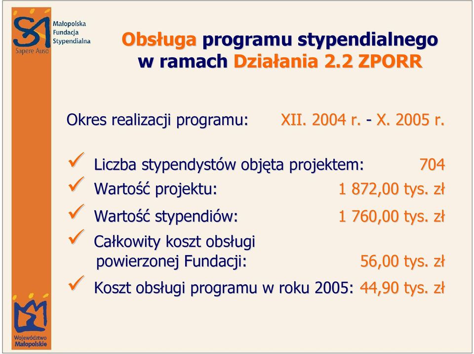 Liczba stypendystów w objęta projektem: 704 Wartość projektu: 1 872,00 tys.