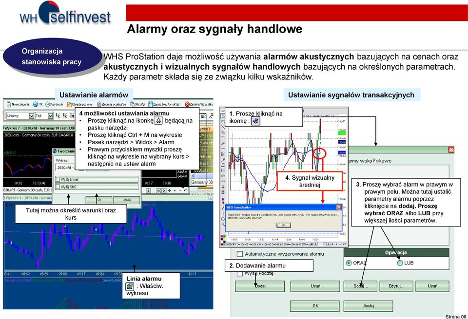 Ustawianie alarmów Ustawianie sygnałów transakcyjnych 4 możliwości ustawiania alarmu Proszę kliknąć na ikonkę będącą na pasku narzędzi Proszę kliknąć Ctrl + M na wykresie Pasek narzędzi > Widok >