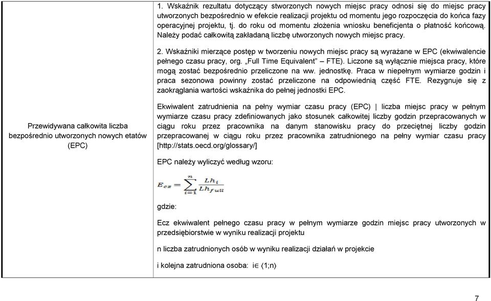 Wskaźniki mierzące postęp w tworzeniu nowych miejsc pracy są wyrażane w EPC (ekwiwalencie pełnego czasu pracy, org. Full Time Equivalent FTE).