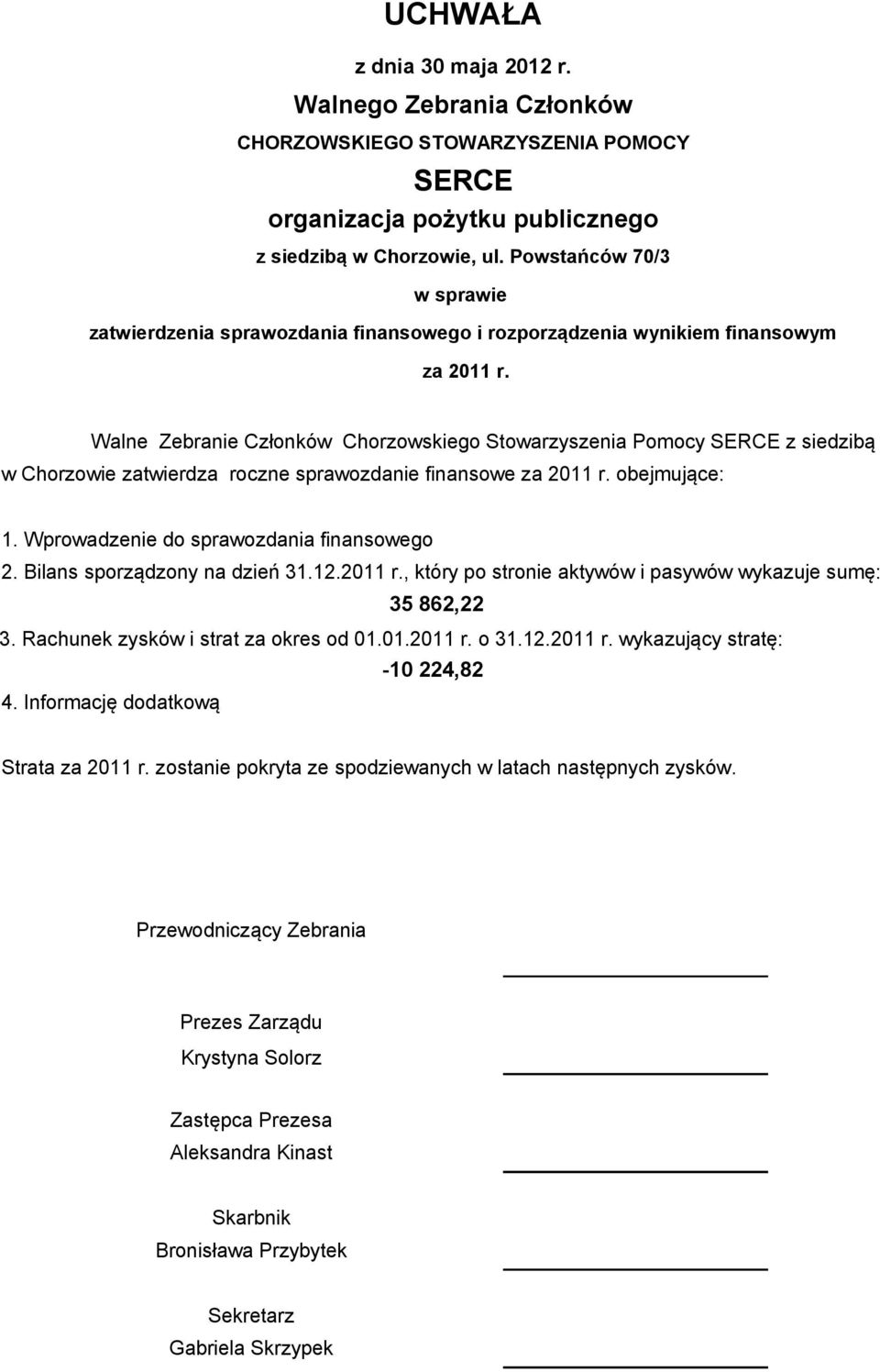 Walne Zebranie Członków Chorzowskiego Stowarzyszenia Pomocy SERCE z siedzibą w Chorzowie zatwierdza roczne sprawozdanie finansowe za 2011 r. obejmujące: 1. Wprowadzenie do sprawozdania finansowego 2.