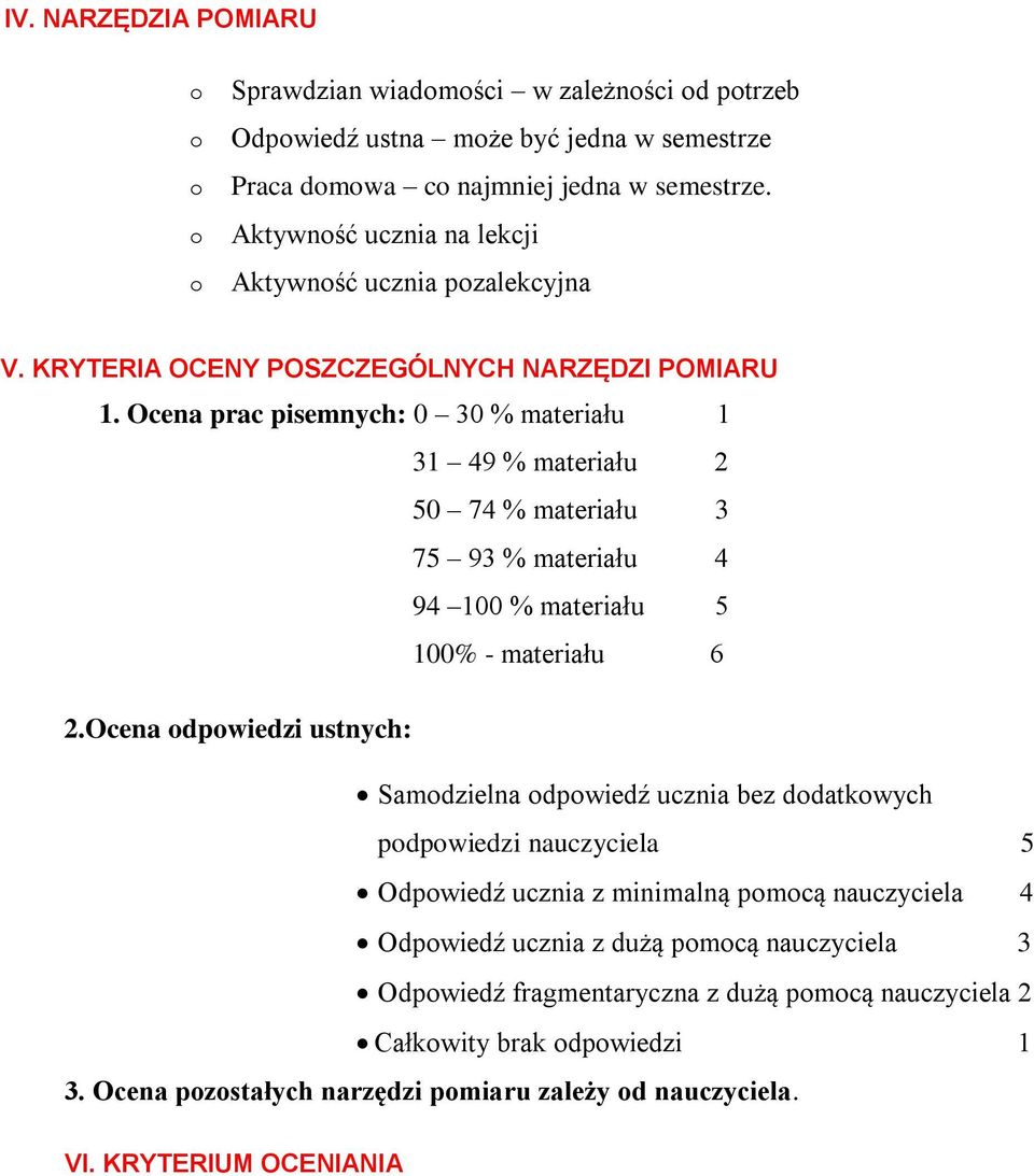 Ocena prac pisemnych: 0 30 % materiału 1 31 49 % materiału 2 50 74 % materiału 3 75 93 % materiału 4 94 100 % materiału 5 100% - materiału 6 2.