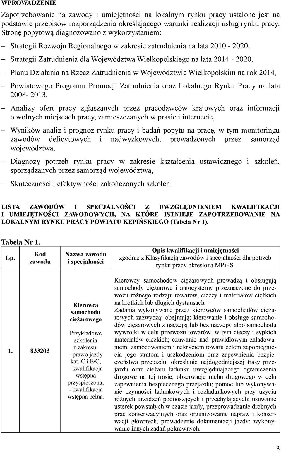 Planu Działania na Rzecz Zatrudnienia w Województwie Wielkopolskim na rok 2014, Powiatowego Programu Promocji Zatrudnienia oraz Lokalnego Rynku Pracy na lata 2008-2013, Analizy ofert pracy