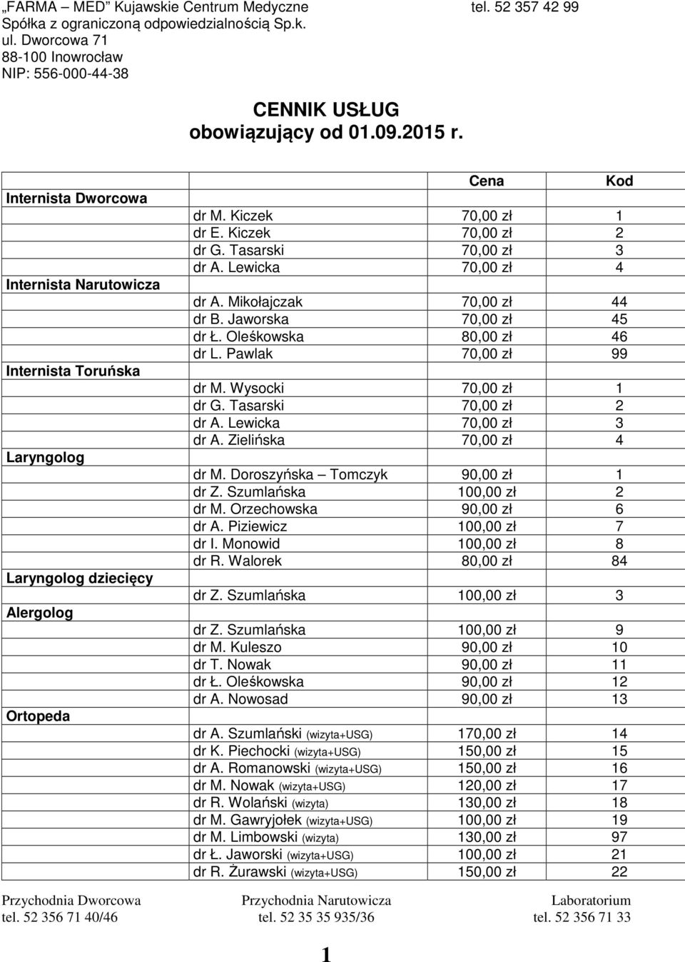 Lewicka 70,00 zł 3 dr A. Zielińska 70,00 zł 4 dr M. Doroszyńska Tomczyk 90,00 zł 1 dr Z. Szumlańska 100,00 zł 2 dr M. Orzechowska 90,00 zł 6 dr A. Piziewicz 100,00 zł 7 dr I. Monowid 100,00 zł 8 dr R.