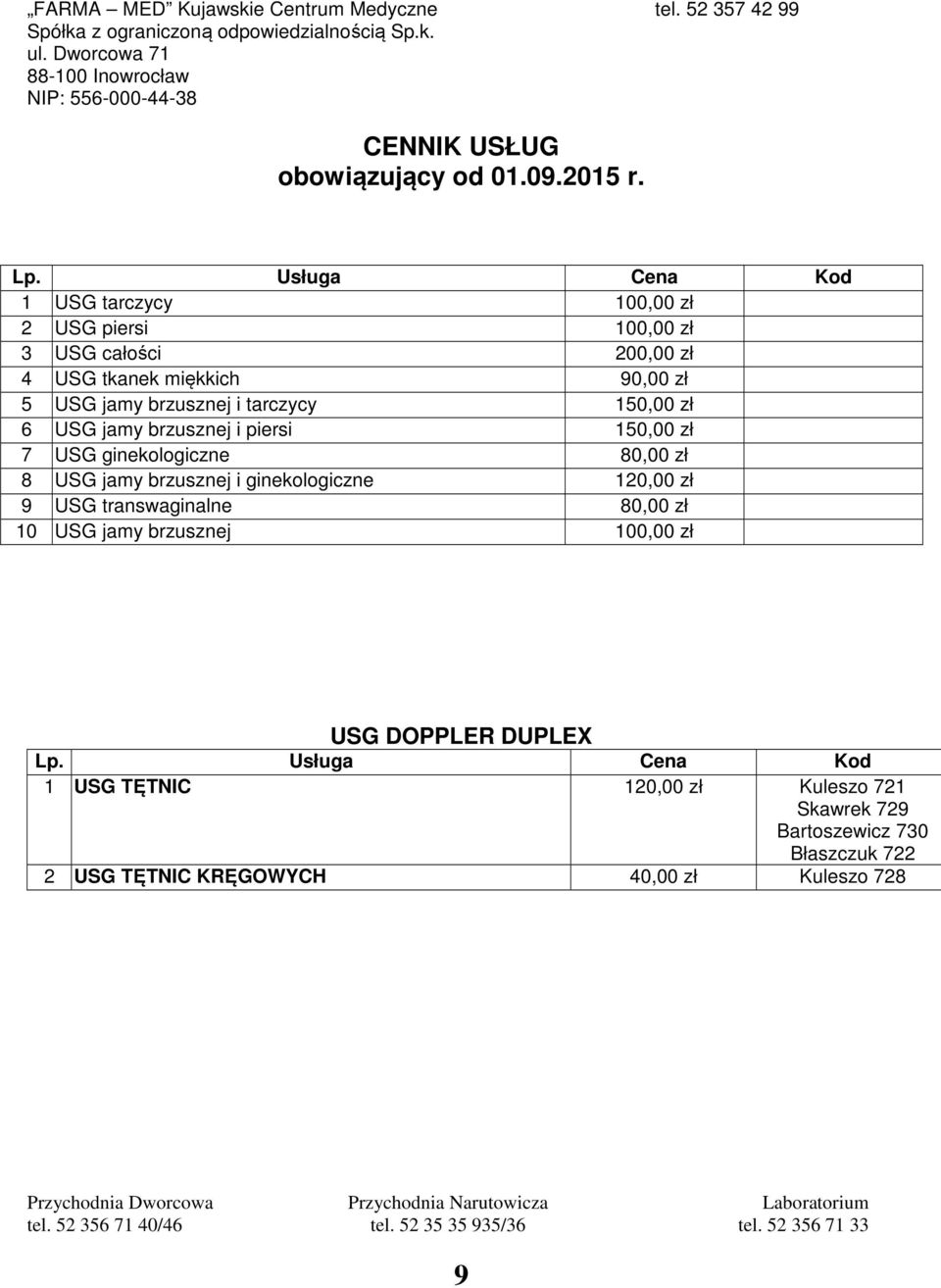 brzusznej i ginekologiczne 120,00 zł 9 USG transwaginalne 80,00 zł 10 USG jamy brzusznej 100,00 zł USG DOPPLER DUPLEX Lp.