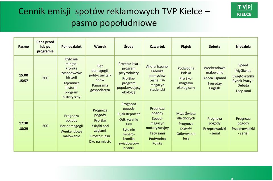 Fabryka pomysłów Leśna TVmagazyn studencki Podwodna Polska Pro Ekomagazyn ekologiczny Weekendowe malowanie Ahora Espanol Everyday English Speed Myśliwiec Swiętokrzyski Rynek Pracy Debata Tacy sami