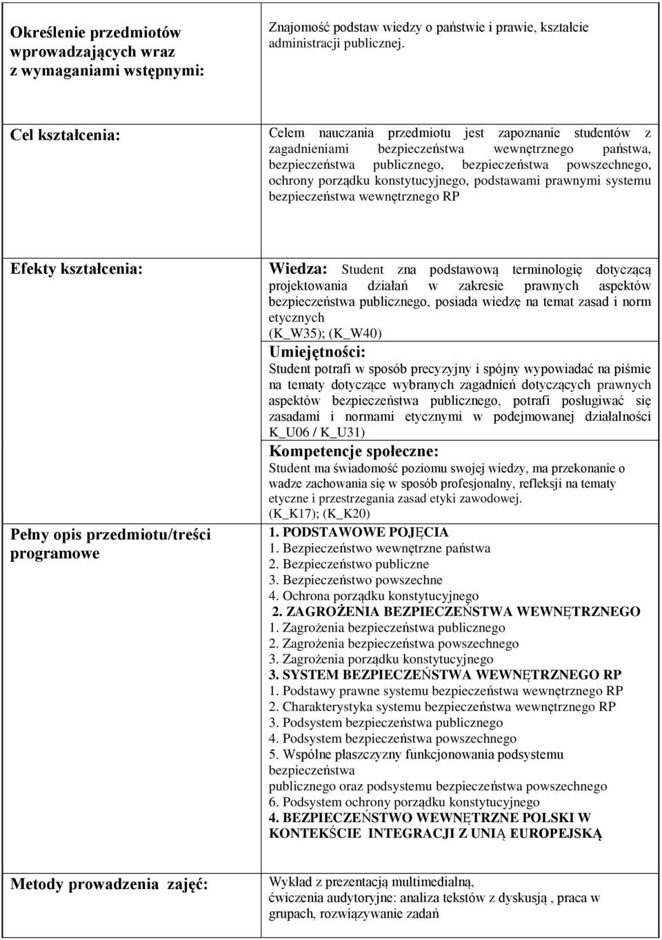 konstytucyjnego, podstawami prawnymi systemu bezpieczeństwa wewnętrznego RP Efekty kształcenia: Pełny opis /treści programowe Wiedza: Student zna podstawową terminologię dotyczącą projektowania