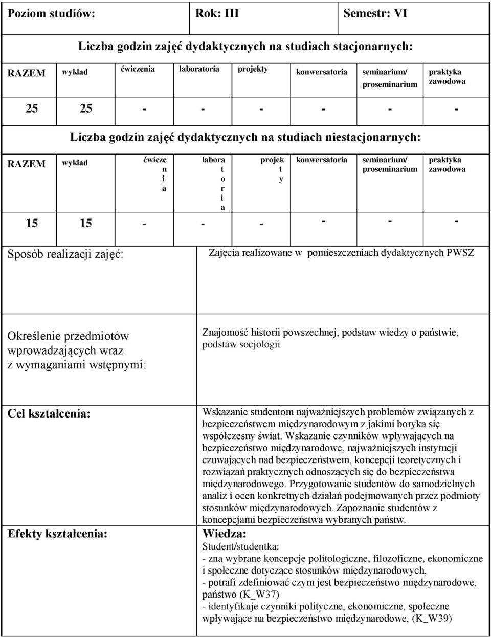 - - - - - - Sposób realizacji zajęć: Zajęcia realizowane w pomieszczeniach dydaktycznych PWSZ Określenie przedmiotów wprowadzających wraz z wymaganiami wstępnymi: Znajomość historii powszechnej,