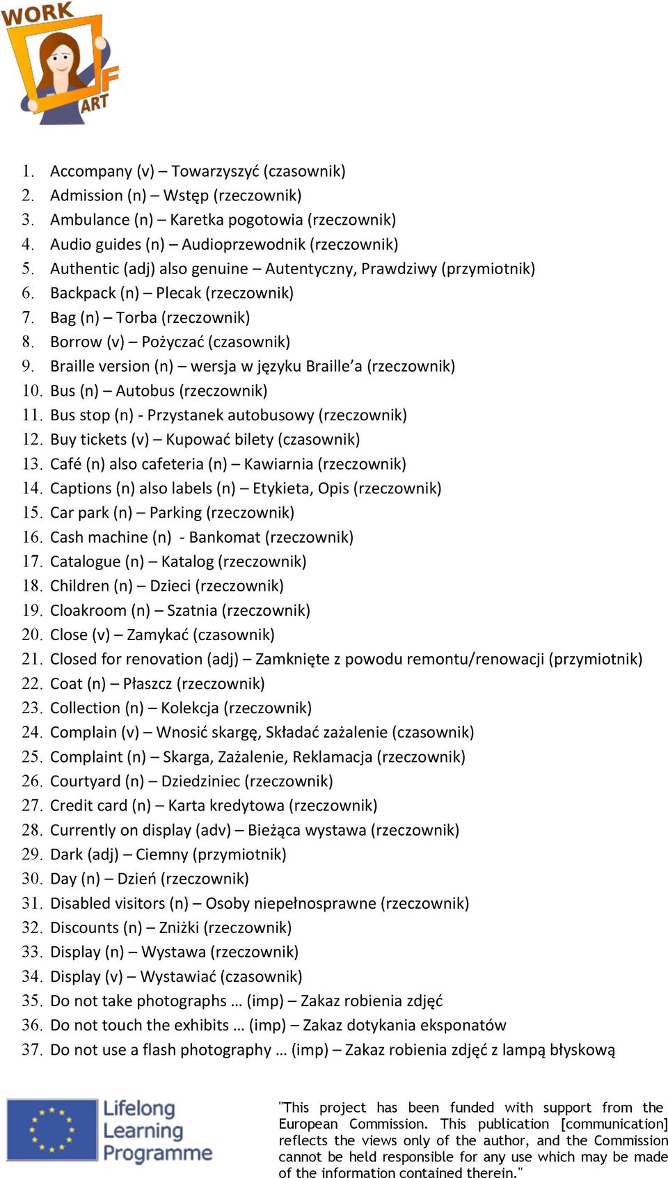 Braille version (n) wersja w języku Braille a (rzeczownik) 10. Bus (n) Autobus (rzeczownik) 11. Bus stop (n) - Przystanek autobusowy (rzeczownik) 12. Buy tickets (v) Kupować bilety (czasownik) 13.