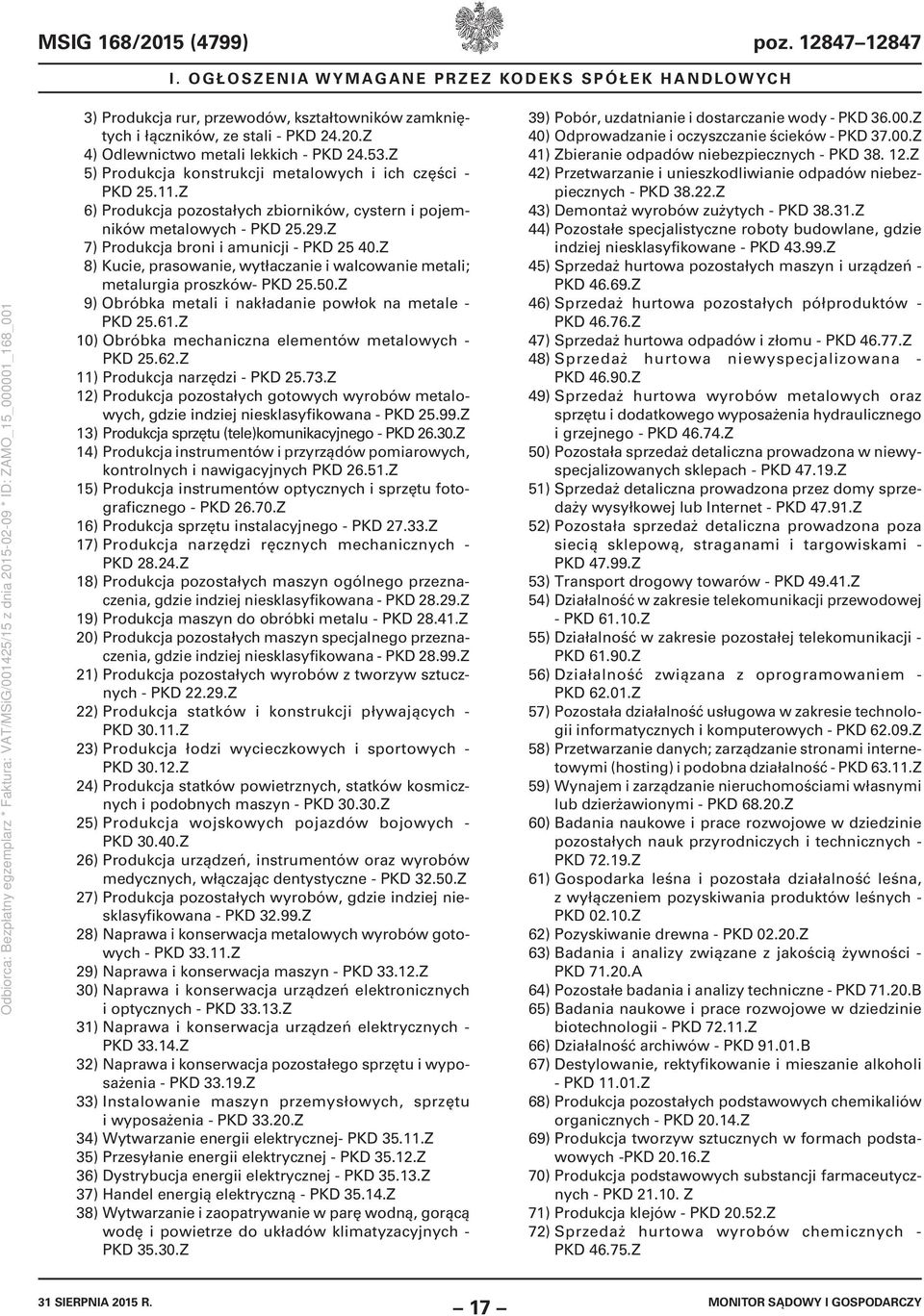 Z 8) Kucie, prasowanie, wytłaczanie i walcowanie metali; metalurgia proszków- PKD 25.50.Z 9) Obróbka metali i nakładanie powłok na metale - PKD 25.61.