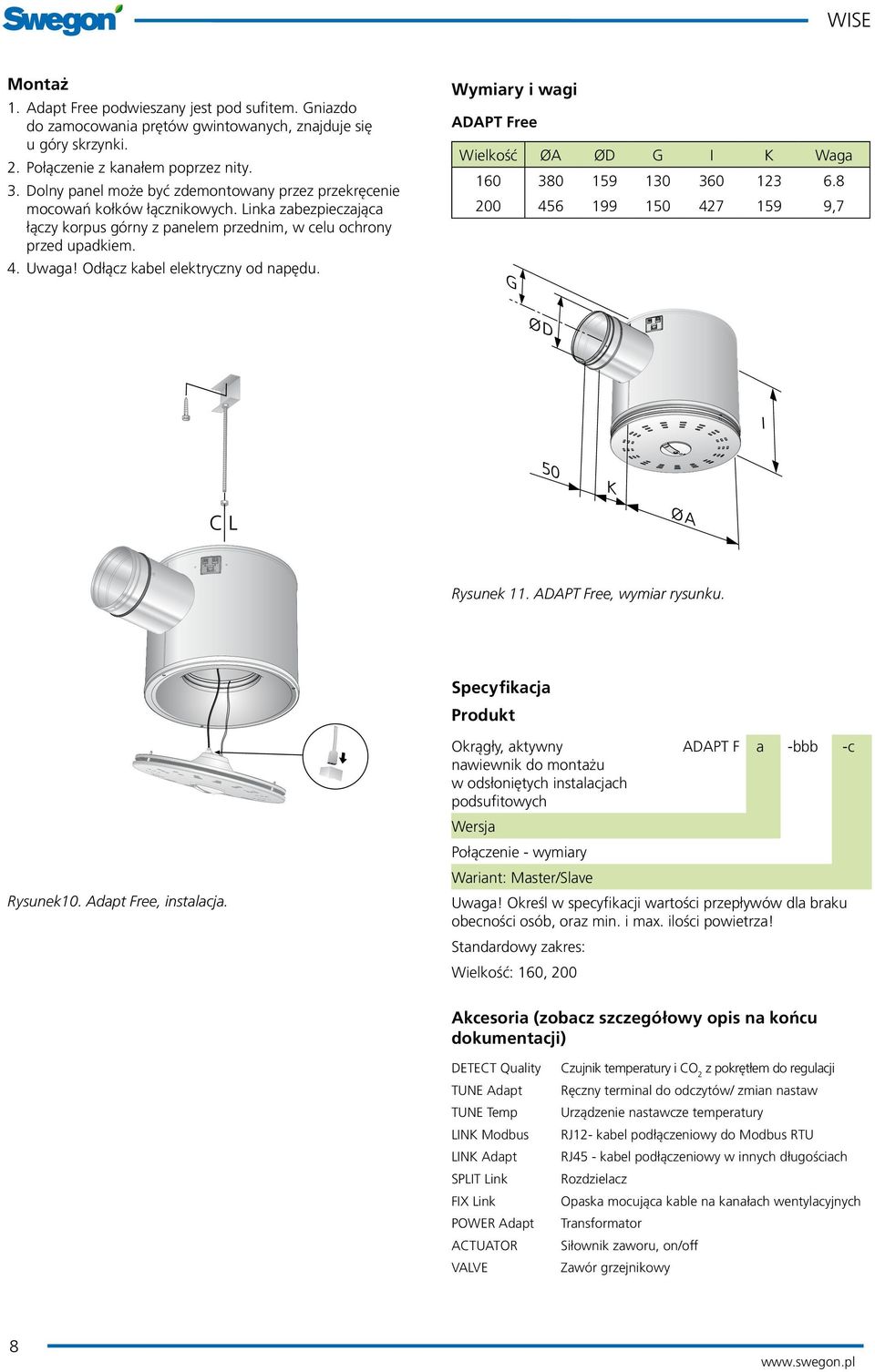 Odłącz kabel elektryczny od napędu. Wymiary i wagi ADAPT Free Wielkość ØA ØD G I K Waga 160 380 19 1 360 123 6.8 0 46 199 427 19 9,7 Rysunek 11. ADAPT Free, wymiar rysunku. Produkt Rysunek.