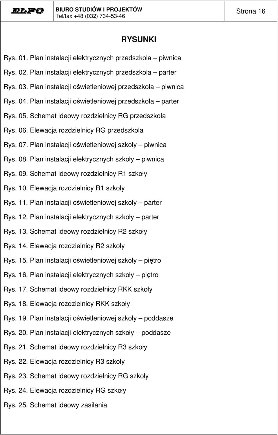 Plan instalacji owietleniowej szkoły piwnica Rys. 08. Plan instalacji elektrycznych szkoły piwnica Rys. 09. Schemat ideowy rozdzielnicy R1 szkoły Rys. 10. Elewacja rozdzielnicy R1 szkoły Rys. 11.