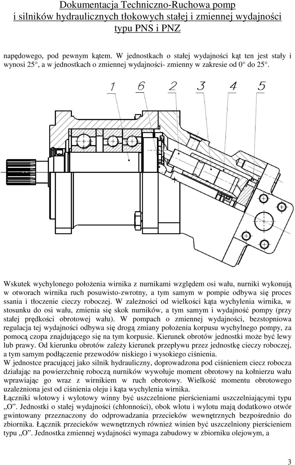 roboczej. W zaleŝności od wielkości kąta wychylenia wirnika, w stosunku do osi wału, zmienia się skok nurników, a tym samym i wydajność pompy (przy stałej prędkości obrotowej wału).