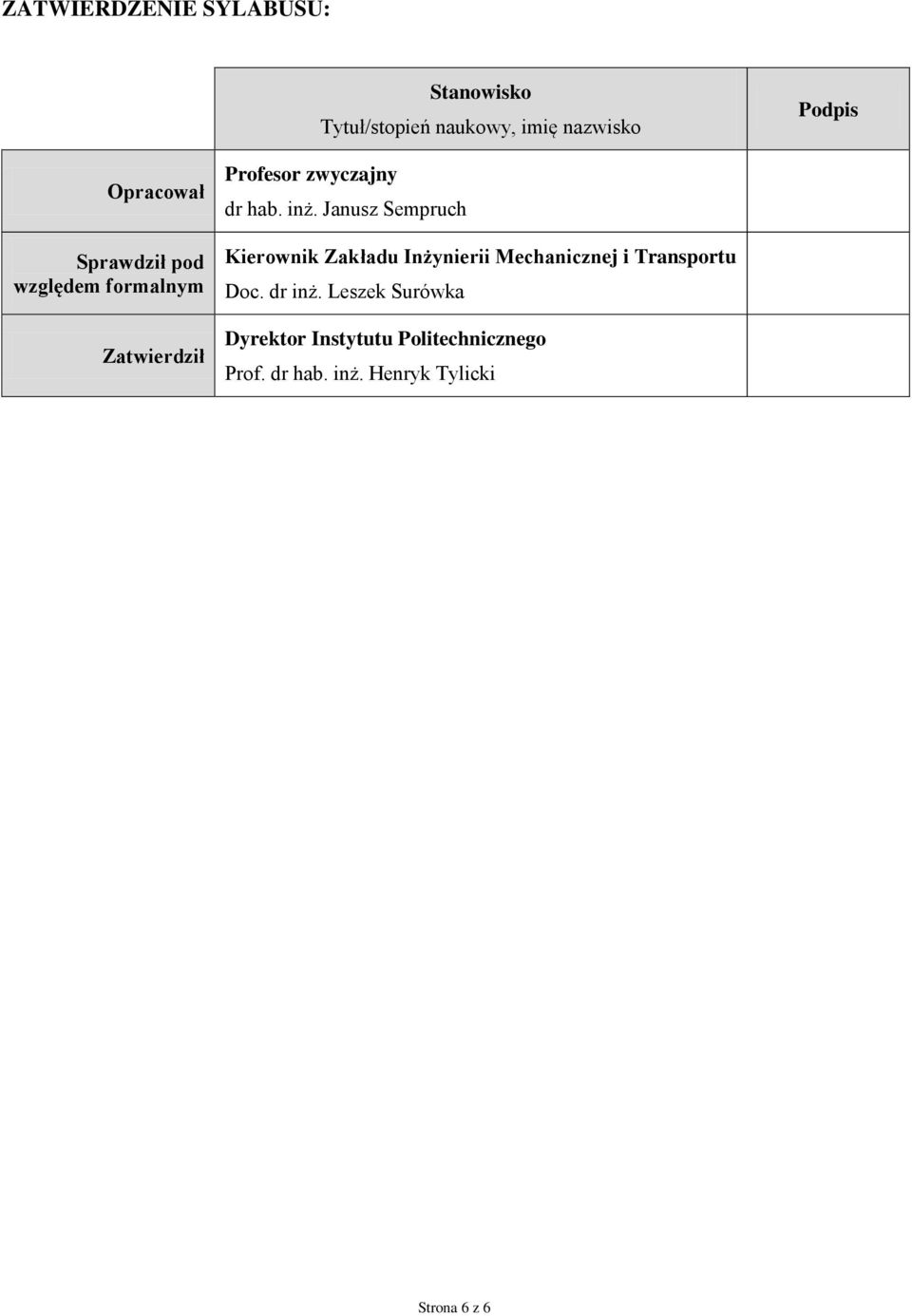 Janusz empruch Kierownik Zakładu Inżynierii Mechanicznej i Transportu Doc. dr inż.