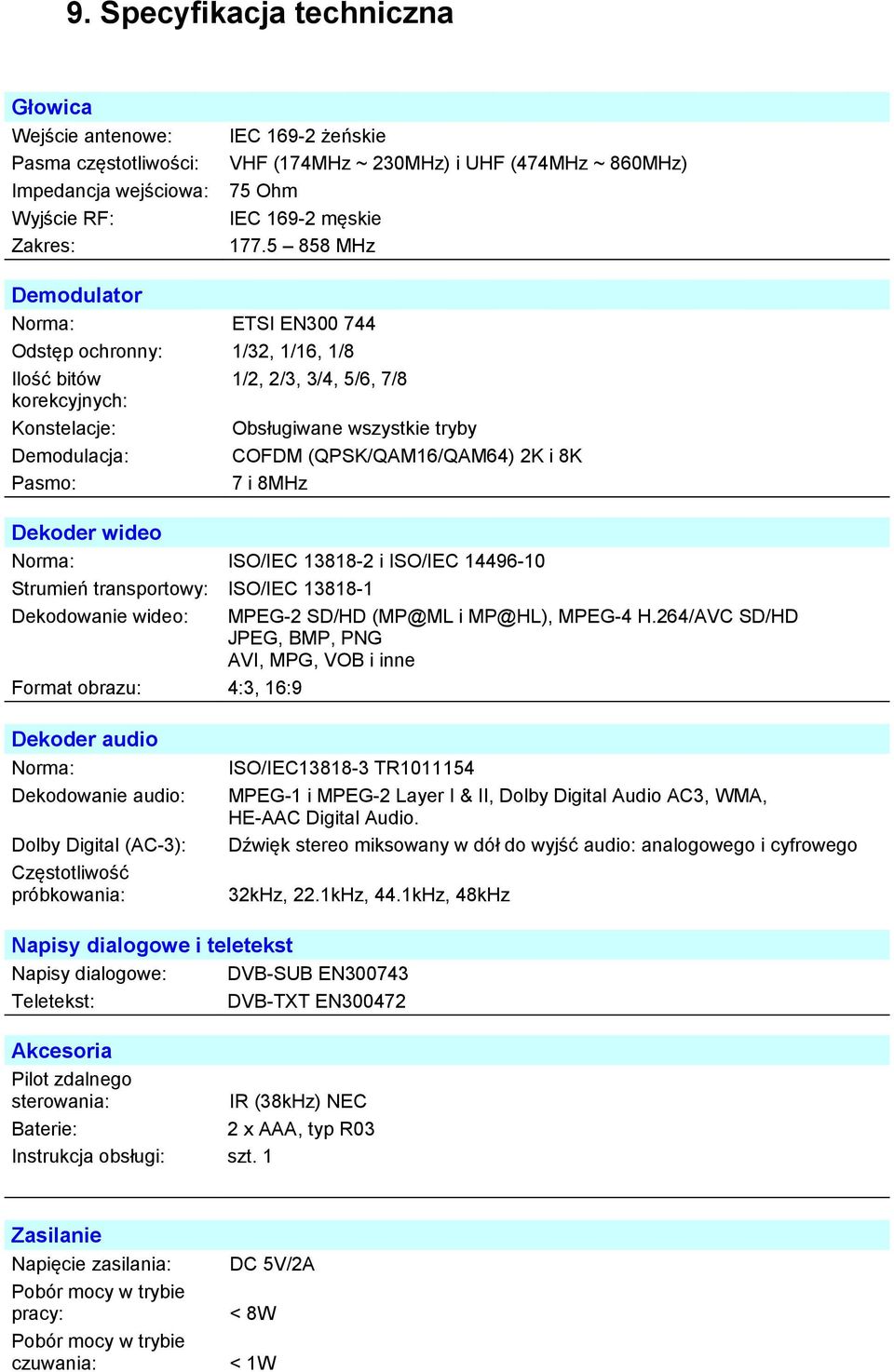 5 858 MHz Demodulator Norma: ETSI EN300 744 Odstęp ochronny: 1/32, 1/16, 1/8 Ilość bitów 1/2, 2/3, 3/4, 5/6, 7/8 korekcyjnych: Konstelacje: Obsługiwane wszystkie tryby Demodulacja: COFDM