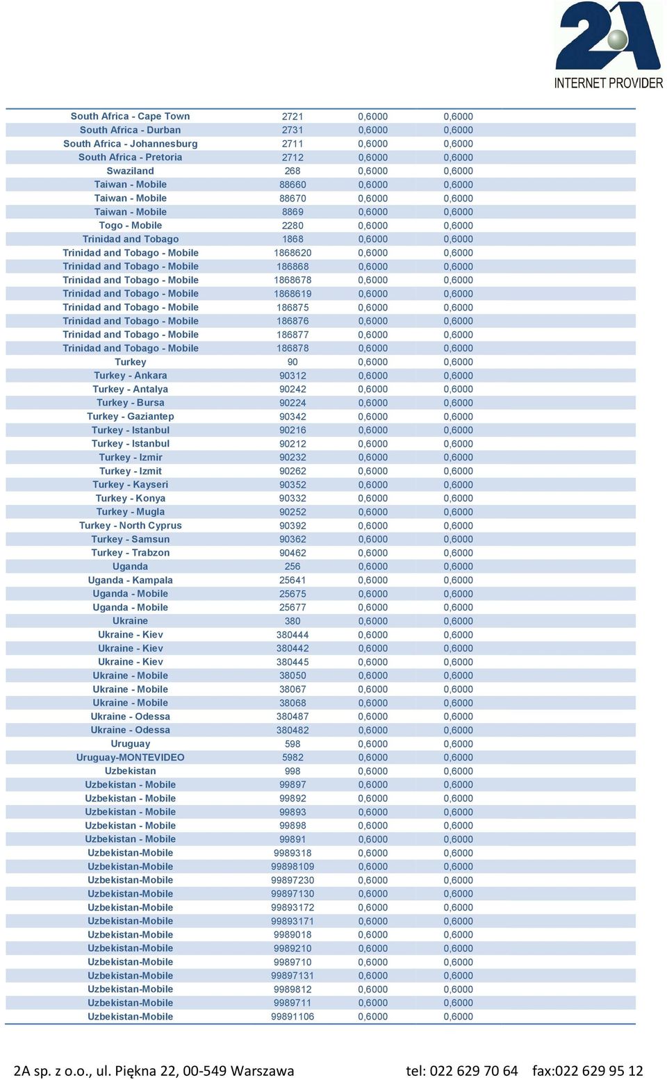 Tobago - Mobile 1868620 0,6000 0,6000 Trinidad and Tobago - Mobile 186868 0,6000 0,6000 Trinidad and Tobago - Mobile 1868678 0,6000 0,6000 Trinidad and Tobago - Mobile 1868619 0,6000 0,6000 Trinidad