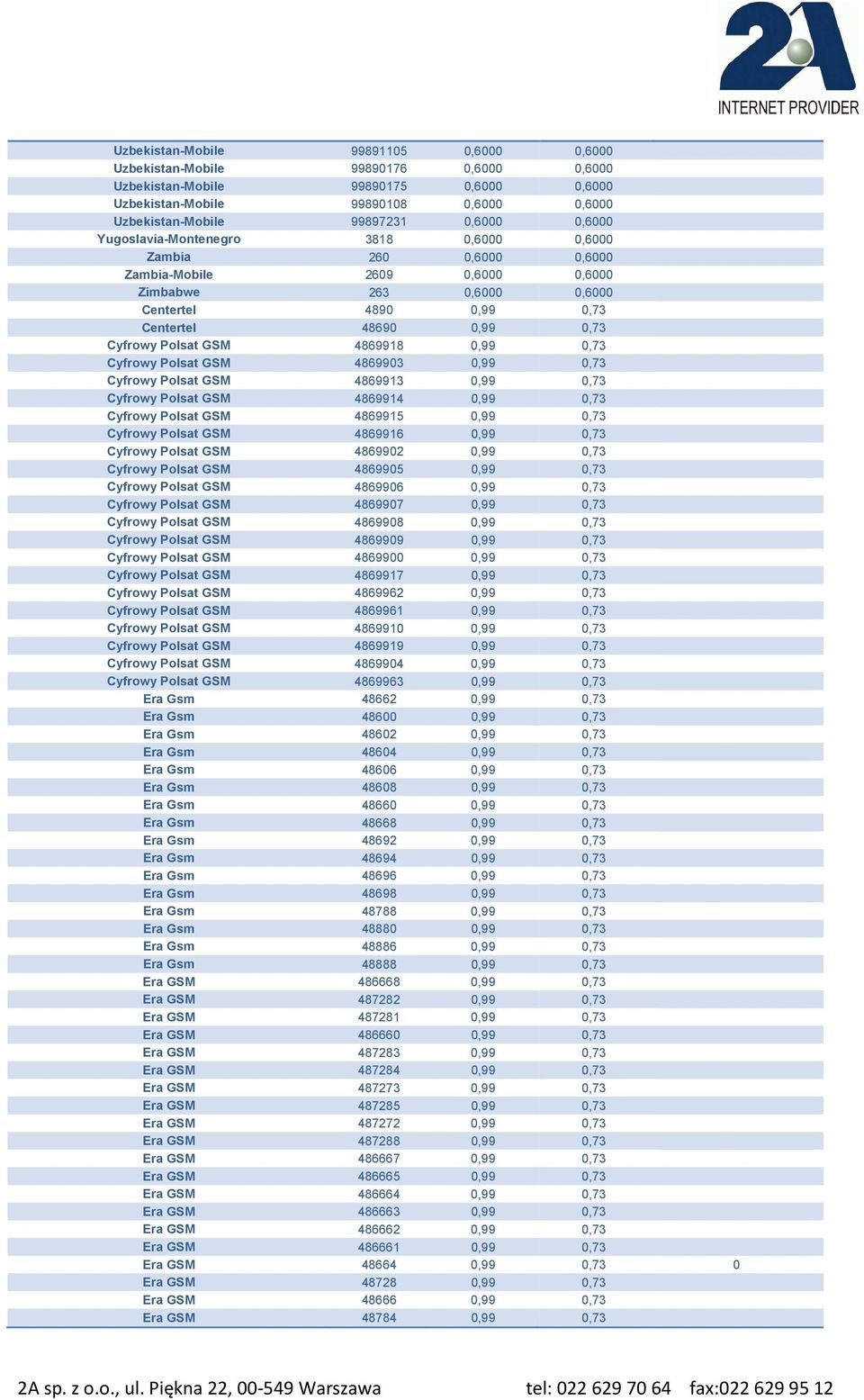 GSM 4869918 0,99 0,73 Cyfrowy Polsat GSM 4869903 0,99 0,73 Cyfrowy Polsat GSM 4869913 0,99 0,73 Cyfrowy Polsat GSM 4869914 0,99 0,73 Cyfrowy Polsat GSM 4869915 0,99 0,73 Cyfrowy Polsat GSM 4869916