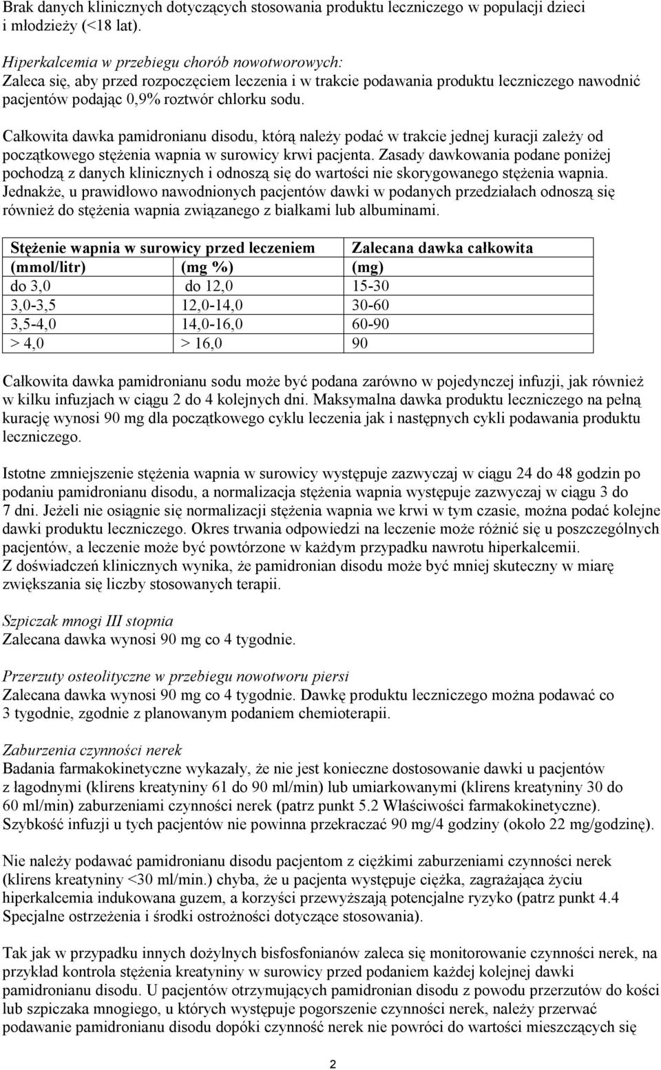 Całkowita dawka pamidronianu disodu, którą należy podać w trakcie jednej kuracji zależy od początkowego stężenia wapnia w surowicy krwi pacjenta.