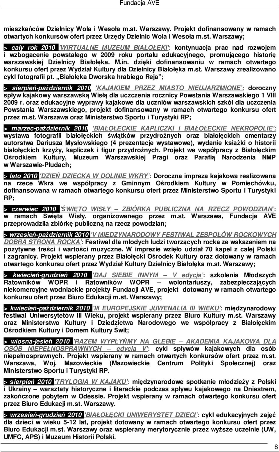 Warszawy; > cały rok 2010 'WIRTUALNE MUZEUM BIAŁOŁĘKI': kontynuacja prac nad rozwojem i wzbogacenie powstałego w 2009 roku portalu edukacyjnego, promującego historię warszawskiej Dzielnicy Białołęka.