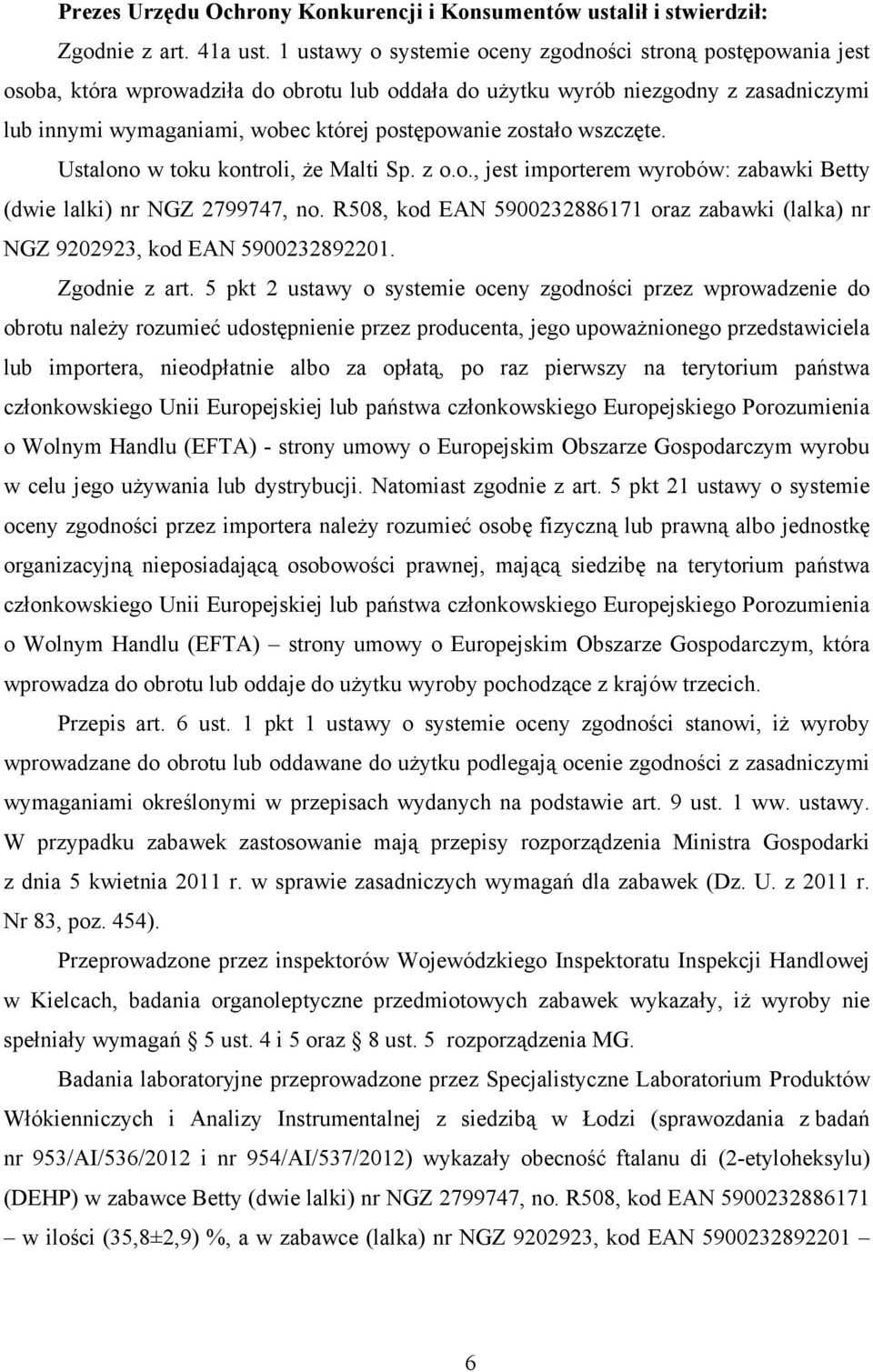 zostało wszczęte. Ustalono w toku kontroli, Ŝe Malti Sp. z o.o., jest importerem wyrobów: zabawki Betty (dwie lalki) nr NGZ 2799747, no.