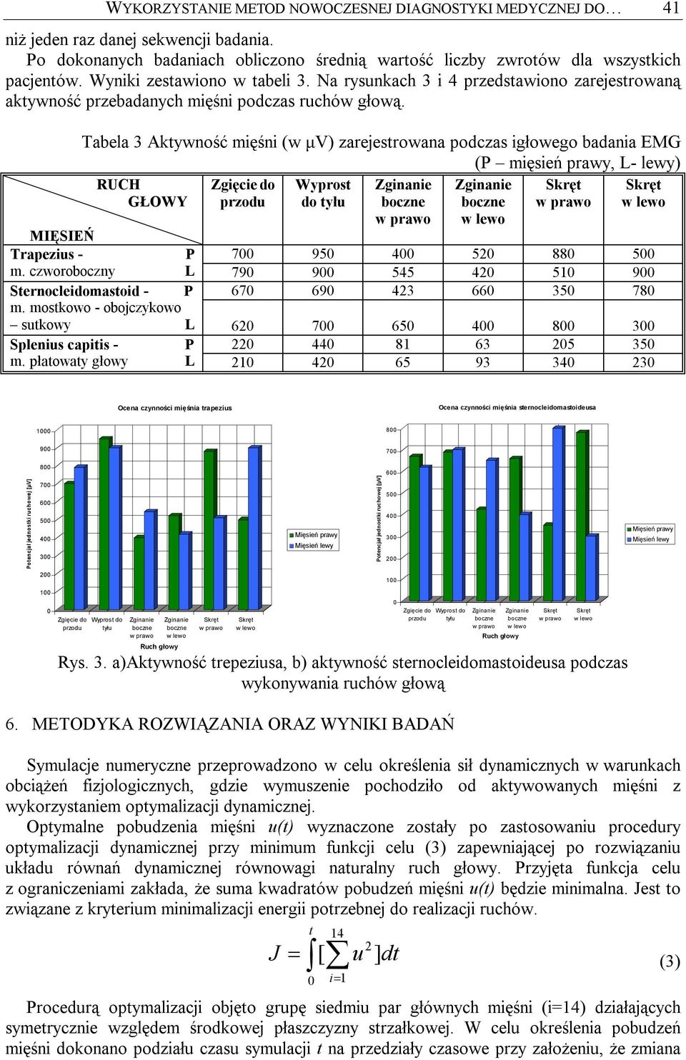 Tabela 3 Aktywność mięśni (w μv) zarejestrowana podczas igłowego badania EG (P mięsień prawy, L- lewy) RUCH GŁOWY Zgięcie do przodu Wyprost do tyłu w lewo w lewo IĘSIEŃ Trapezius - P 700 950 400 520