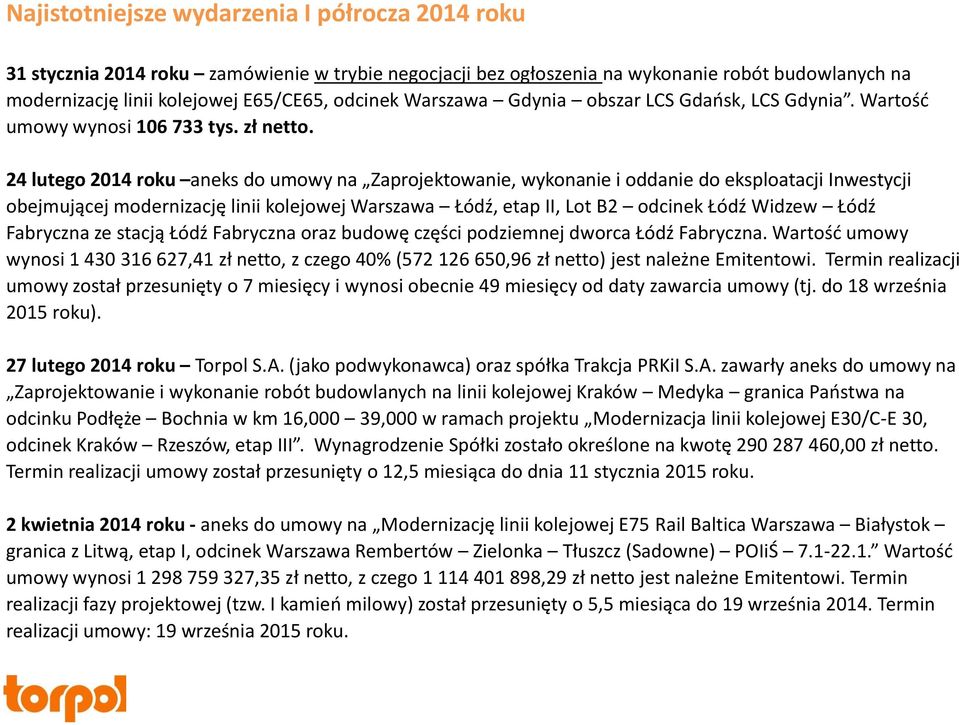 24 lutego 2014 roku aneks do umowy na Zaprojektowanie, wykonanie i oddanie do eksploatacji Inwestycji obejmującej modernizację linii kolejowej Warszawa Łódź, etap II, Lot B2 odcinek Łódź Widzew Łódź