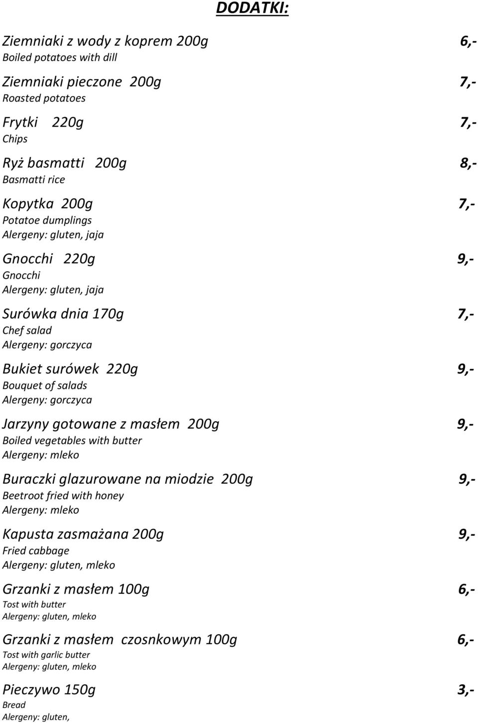 masłem 200g 9,- Boiled vegetables with butter Buraczki glazurowane na miodzie 200g 9,- Beetroot fried with honey Kapusta zasmażana 200g 9,- Fried cabbage Alergeny: gluten, mleko