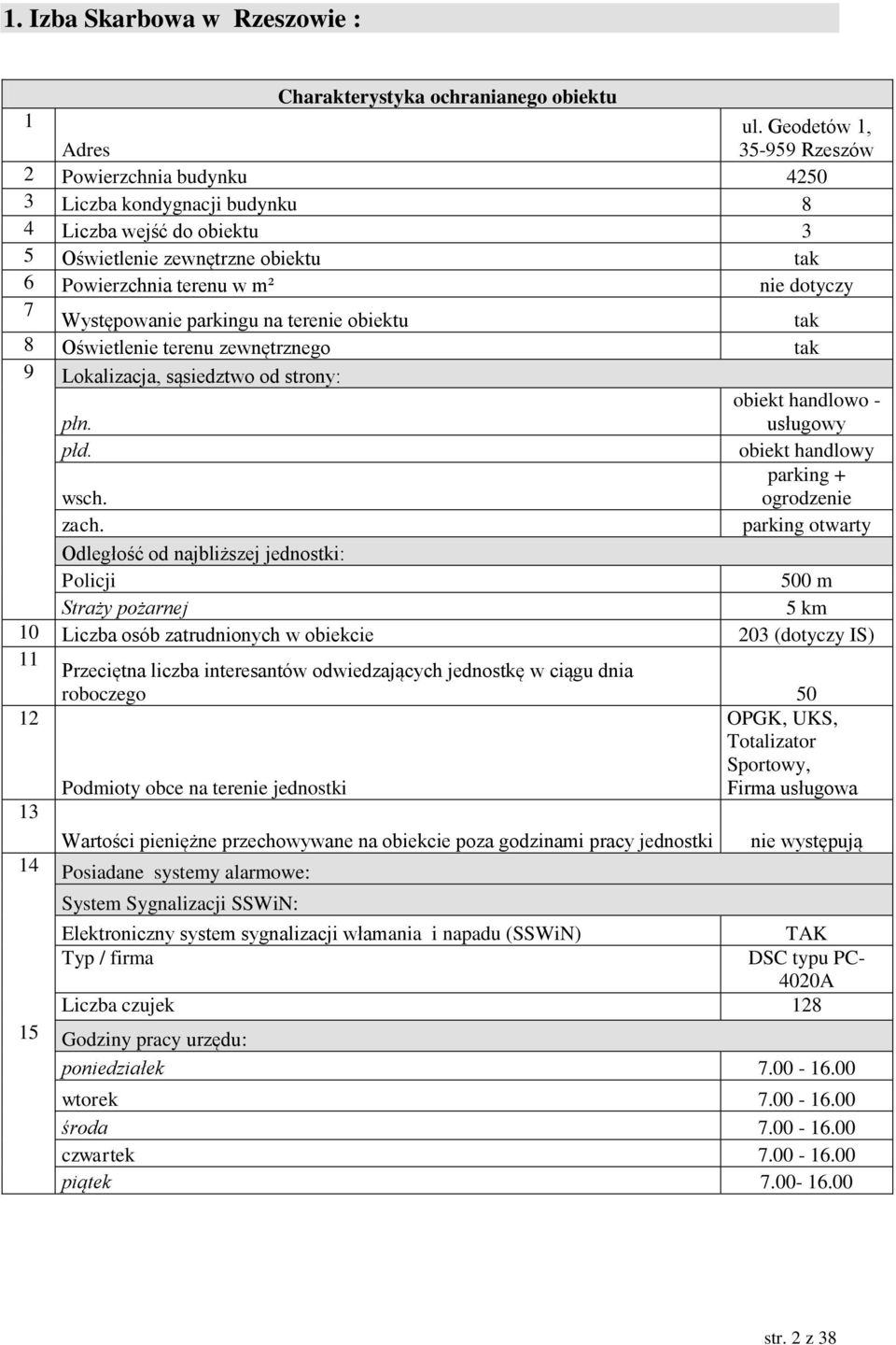 Występowanie parkingu na terenie obiektu tak 8 Oświetlenie terenu zewnętrznego tak obiekt handlowo - usługowy obiekt handlowy parking + ogrodzenie parking otwarty 500 m 5 km 10 Liczba osób