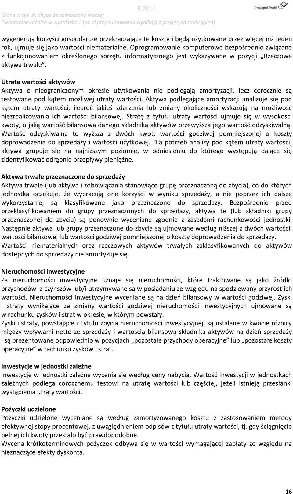 Utrata wartości aktywów Aktywa o nieograniczonym okresie użytkowania nie podlegają amortyzacji, lecz corocznie są testowane pod kątem możliwej utraty wartości.