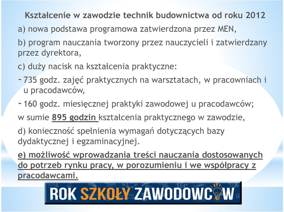 zajęć praktycznych na warsztatach, w pracowniach i u pracodawców, - 160 godz.