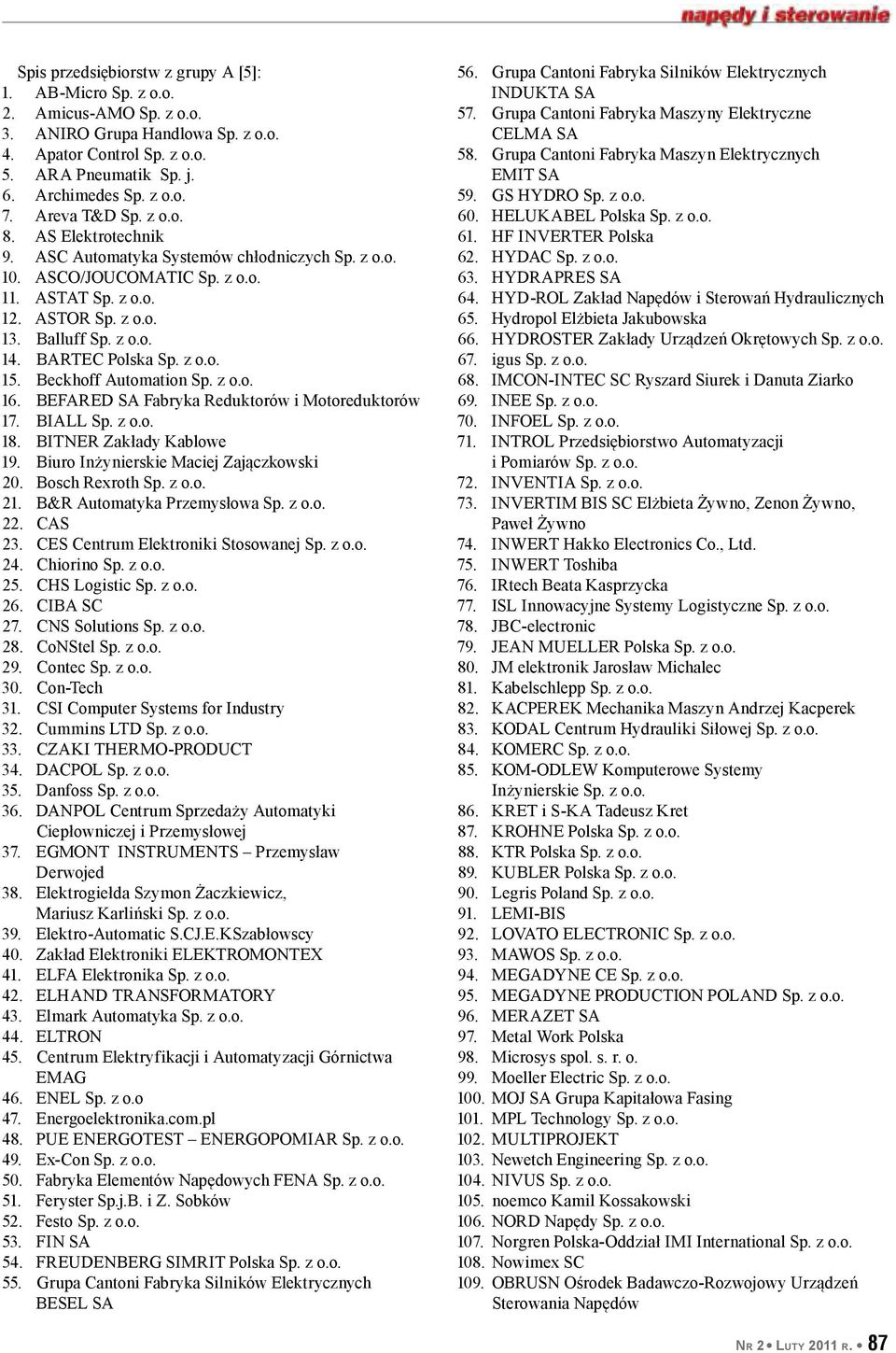 BARTEC Polska Sp. z o.o. 15. Beckhoff Automation Sp. z o.o. 16. BEFARED SA Fabryka Reduktorów i Motoreduktorów 17. BIALL Sp. z o.o. 18. BITNER Zakłady Kablowe 19.
