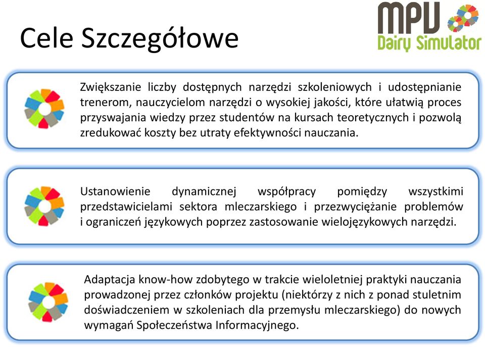 Ustanowienie dynamicznej współpracy pomiędzy wszystkimi przedstawicielami sektora mleczarskiego i przezwyciężanie problemów i ograniczeń językowych poprzez zastosowanie