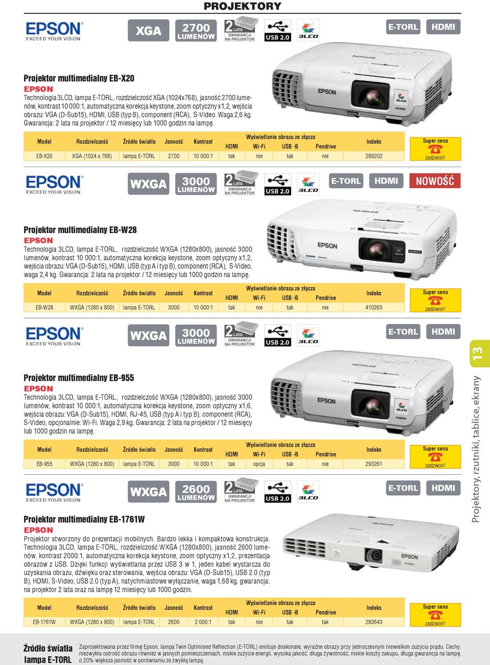 EB-X20 XGA (1024 x 768) lampa E-TORL 2700 10 000:1 tak nie tak nie 288202 WXGA 3000 LUMENÓW E-TORL Projektor multimedialny EB-W28 EPSON Technologia 3LCD, lampa E-TORL, rozdzielczość WXGA (1280x800),