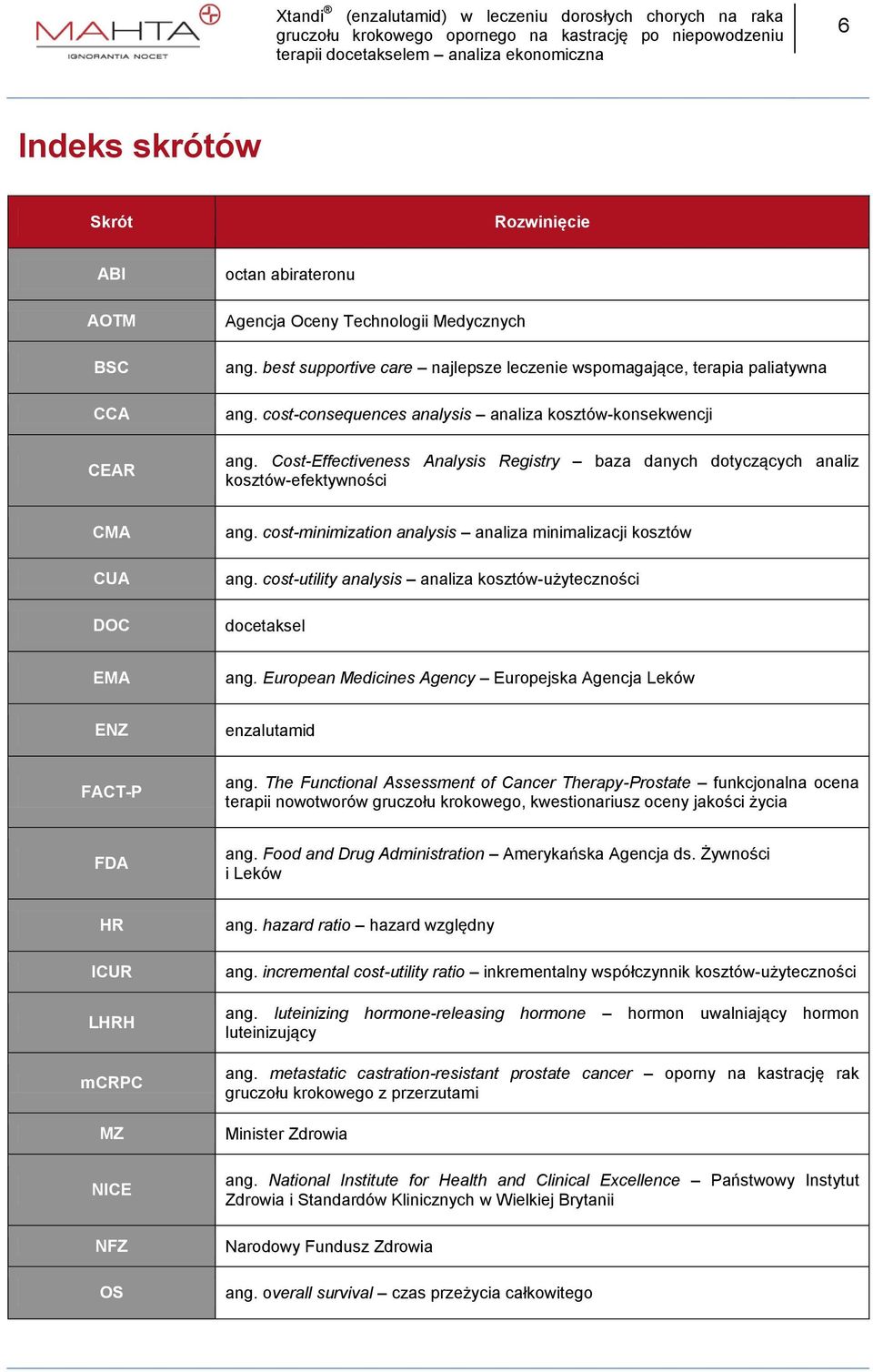 cost-minimization analysis analiza minimalizacji kosztów ang. cost-utility analysis analiza kosztów-użyteczności docetaksel EMA ang.