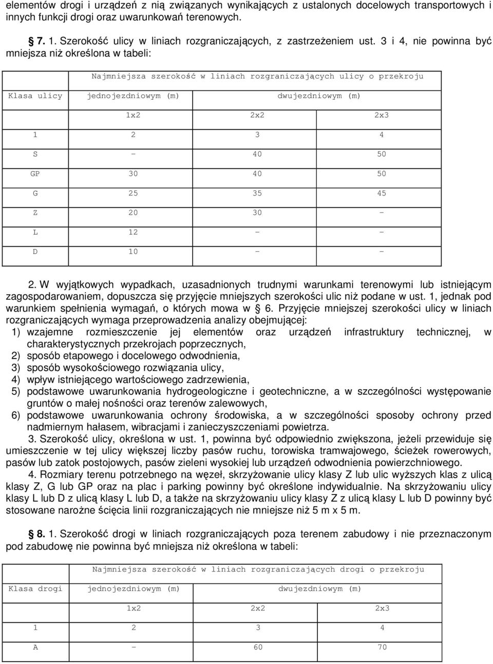 3 i 4, nie powinna być mniejsza niŝ określona w tabeli: Najmniejsza szerokość w liniach rozgraniczających ulicy o przekroju Klasa ulicy jednojezdniowym (m) dwujezdniowym (m) 1x2 2x2 2x3 1 2 3 4 S -