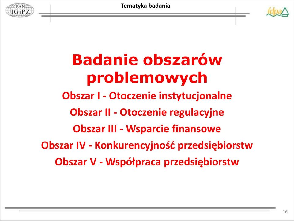 regulacyjne Obszar III - Wsparcie finansowe Obszar IV -