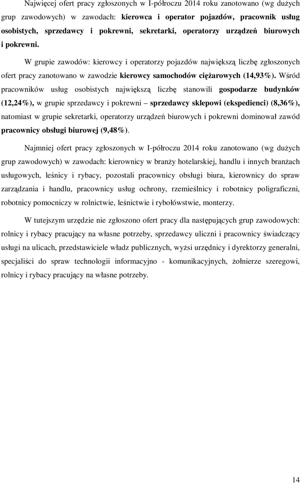 W grupie zawodów: kierowcy i operatorzy pojazdów największą liczbę zgłoszonych ofert pracy zanotowano w zawodzie kierowcy samochodów ciężarowych (14,93%).