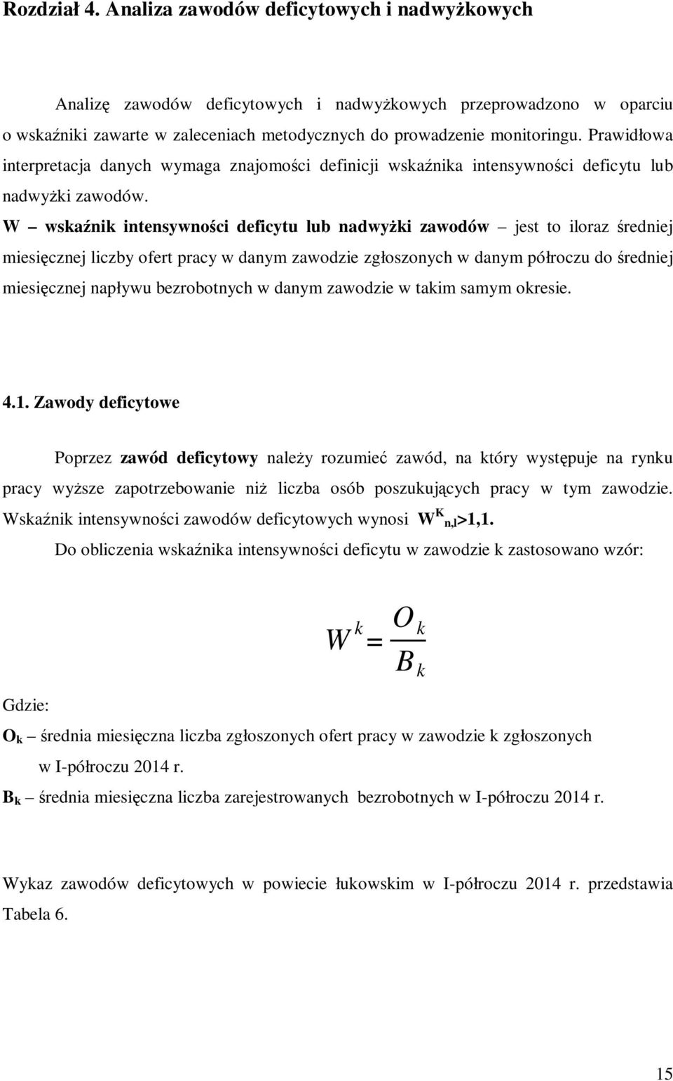 W wskaźnik intensywności deficytu lub nadwyżki zawodów jest to iloraz średniej miesięcznej liczby ofert pracy w danym zawodzie zgłoszonych w danym półroczu do średniej miesięcznej napływu