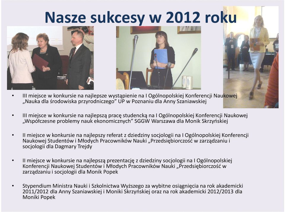 referat z dziedziny socjologii na I Ogólnopolskiej Konferencji Naukowej Studentów i Młodych Pracowników Nauki Przedsiębiorczość w zarządzaniu i socjologii dla Dagmary Trejdy II miejsce w konkursie na